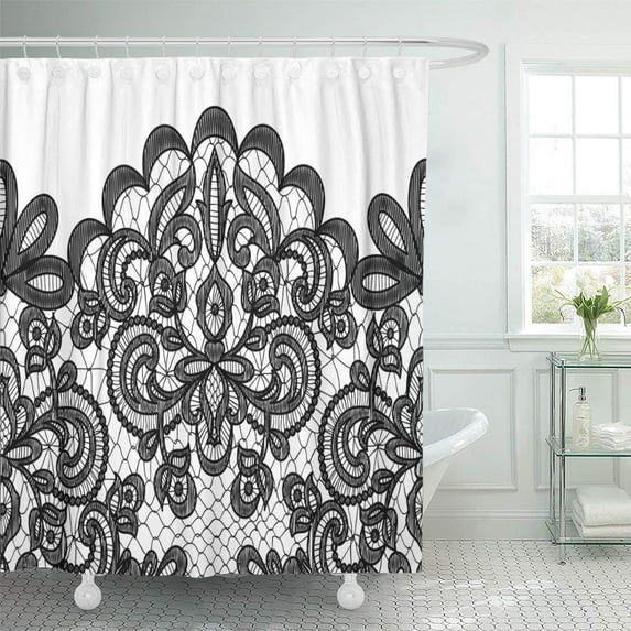 Libin Pattern Black Beautiful Lace Border White Clip Elegant Greeting Shower Curtain 66x72 inch