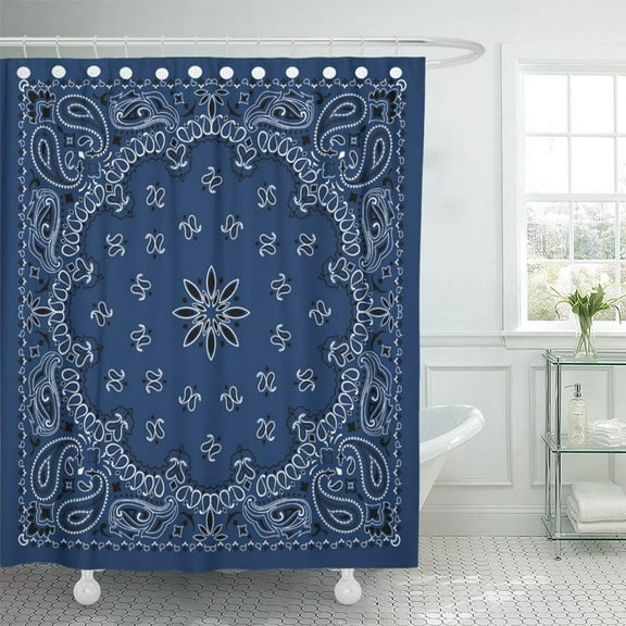 Libin Pattern Blue Paisley Bandana Print Vector Border Scarf Black Classic Shower Curtain 66x72 inch