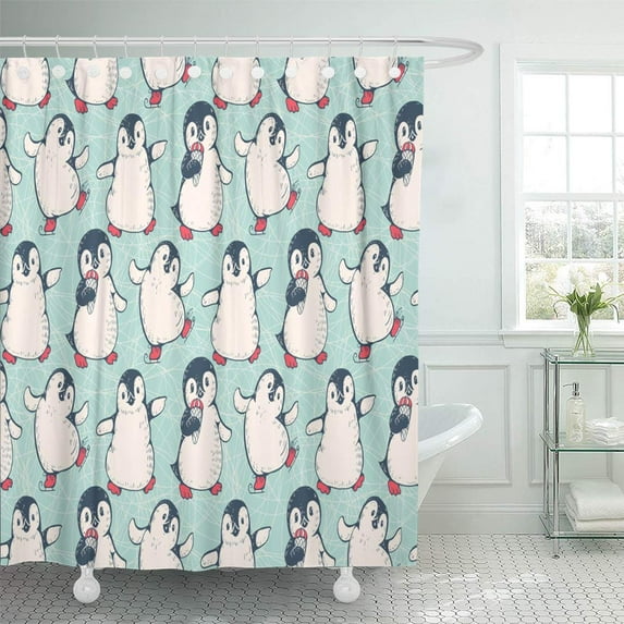 Libin Pattern Cute Penguins Winter Drawing Holiday Baby Antarctic Arctic Shower Curtain 66x72 inch