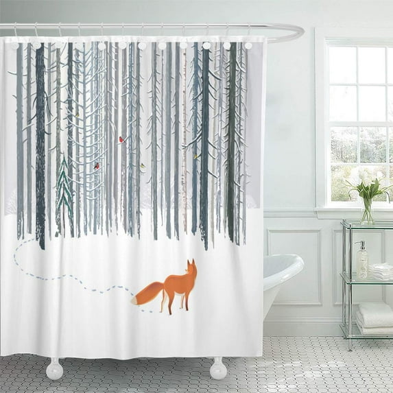 Libin Pattern Red Sketch Winter Forest Landscape Fox White Adventure Shower Curtain 66x72 inch