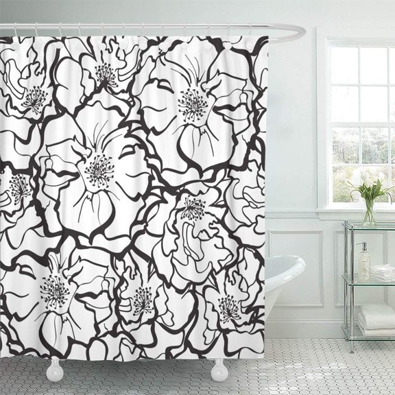 Libin Pattern Rose Flowers in Black and White Floral Abstract Shower Curtain 60x72 inch