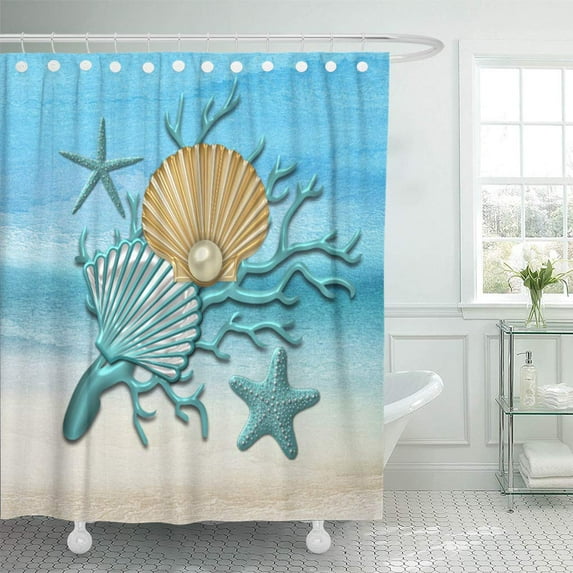 Libin Pearl Aqua Gold Seashells Beach Coral Reef Starfish House Shower Curtain 60x72 inch