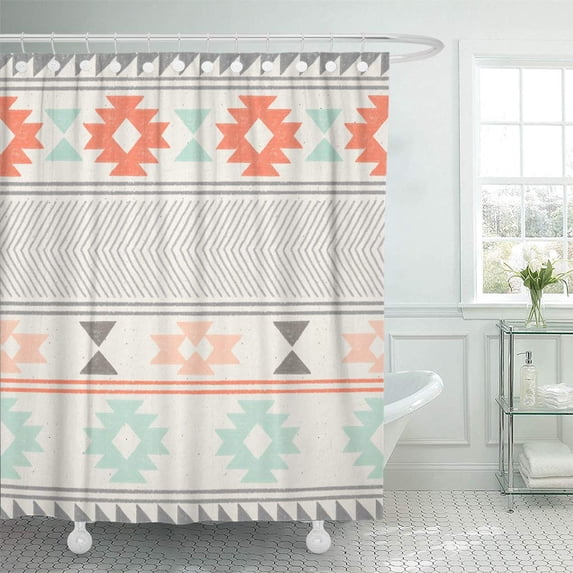 Libin Pink Aztec Ikat Pattern on Geometric Tribal Beige Chevron Shower Curtain 66x72 inch