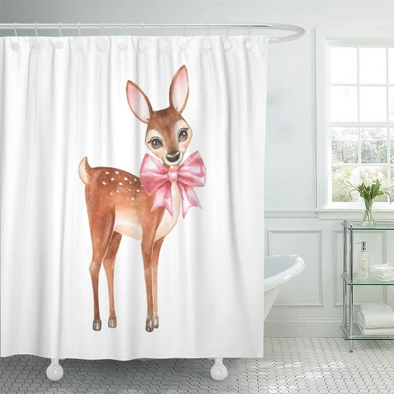 Libin Pink Baby Deer Cute Fawn Bow Cartoon White Watercolor Shower Curtain 66x72 inch