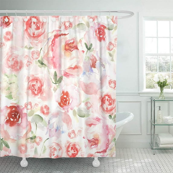 Libin Pink Colorful Watercolour Watercolor Flower for Floral Hand Green Shower Curtain 60x72 inch