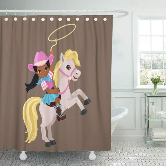 Libin Pink Cowgirl Riding Horse Lasso Brown Beautiful Boots Shower Curtain 60x72 inch