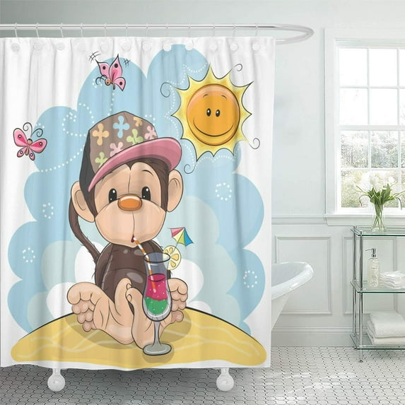 Libin Pink Cute Monkey in Cap Beach Animated Ape Baby Shower Curtain 60x72 inch