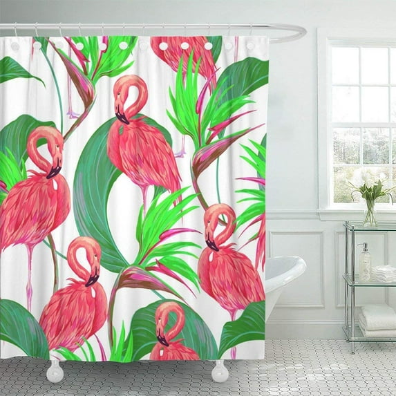 Libin Pink Flamingos Tropical Flowers Jungle Leaves Bird of Paradise Floral Hawaiian Beautiful Spring Shower Curtain 60x72 inch