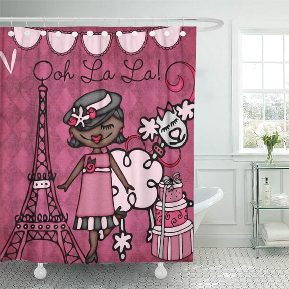 Libin Pink Kids Ooh La American Diva Eiffel Tower Shower Curtain 66x72 inch