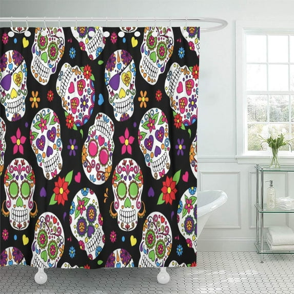 Libin Pink Pattern Colorful Sugar Skulls on Blue Shower Curtain 66x72 inch
