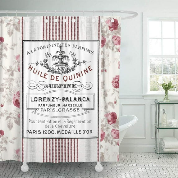 Libin Pink Stripes Vintage French Ticking Red Paris Roses Faded Shower Curtain 60x72 inch