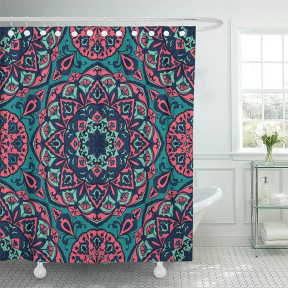 Libin Pink Turkish Bright Floral Pattern Mandalas Mottled Multicolor Blue Shower Curtain 66x72 inch