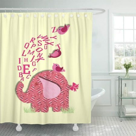 Libin Pink Whimsical Cute Elephant and Alphabet Nursery Baby Kids Shower Curtain 66x72 inch