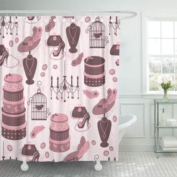 Libin Pink Woman Retro Women Accessory French Hat Chandelier Shoes Shower Curtain 66x72 inch