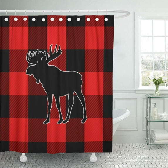 Libin Plaid Black Red Buffalo Check Moose Pattern Rustic Shower Curtain 60x72 inch
