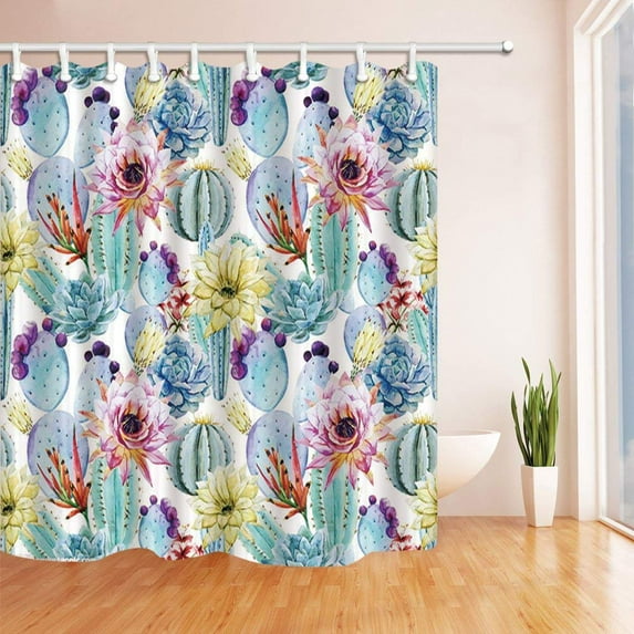 Libin Prickly Plants Decor Watercolor Cactus Flowers Polyester Fabric Bathroom Shower Curtain 66x72 inches