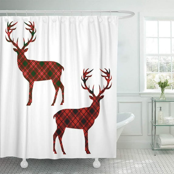 Libin Red Check Deer on Tartan Yellow Geometric Abstract Shower Curtain 60x72 inch