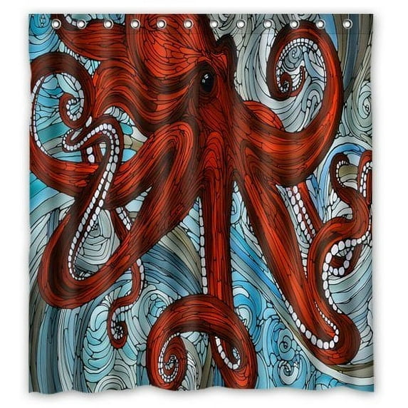 Libin Red Octopus Oil Shower Curtain Polyester Fabric Bathroom Decorative Curtain Size 66x72 Inches