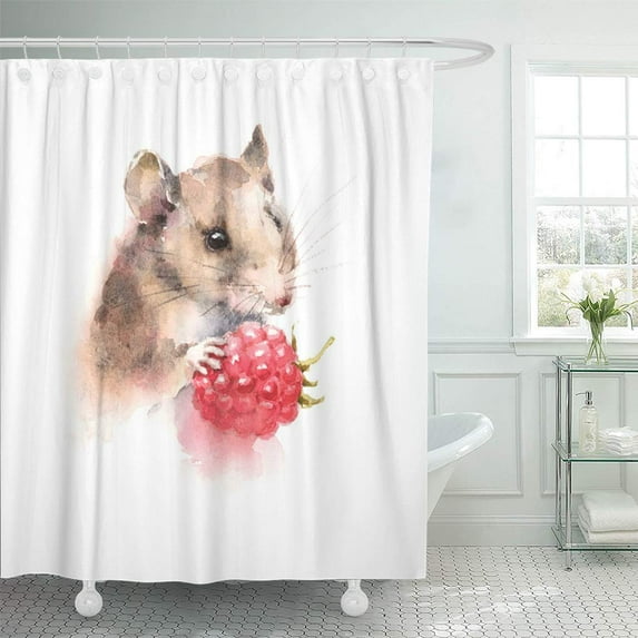 Libin Red Painting Watercolor Mouse Holding Berry Raspberry Wild Shower Curtain 66x72 inch