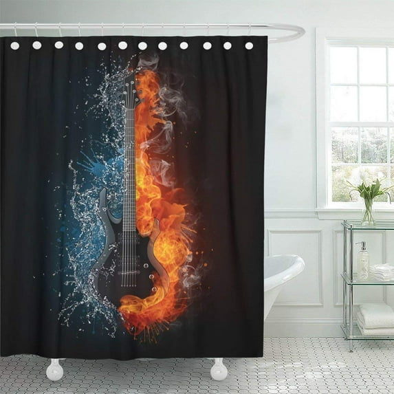 Libin Red Rock Electric Guitar on Fire and Water Black Computer Graphics Roll Music Liquid Back Acoustic Shower Curtain 66x72 inch