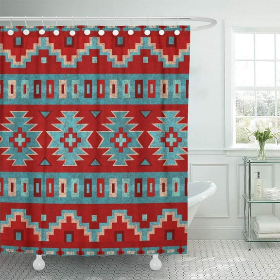 Libin Red Santa Southwest Mesas Western Turquoise Geometric Lodge Shower Curtain 60x72 inch