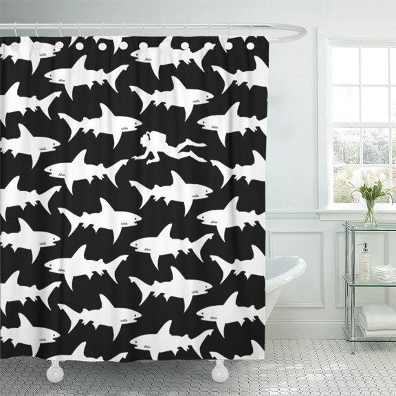 Libin Requin Scuba Diver Swimming of Sharks Hai Black White Shower Curtain 60x72 inch