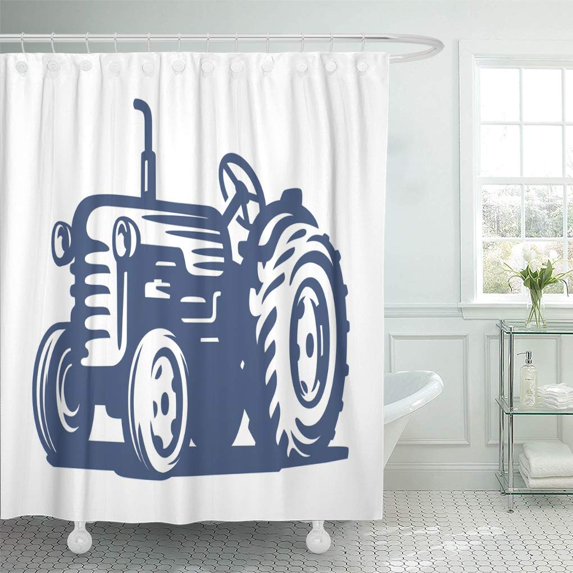 Libin Retro Vintage Blue Tractor on White Old Farm Agricultural Shower Curtain 60x72 inch