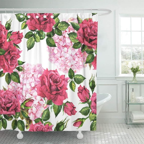 Libin Romantic Bloom Hydrangea and Red Roses Flowers Seamless Summer Floral Shower Curtain 66x72 inch