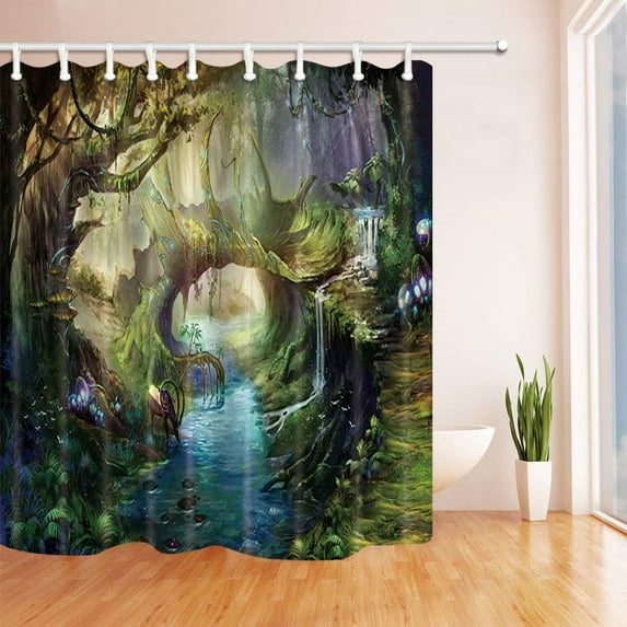 Libin Rorest Decor Cartoon Forest with River Polyester Fabric Bathroom Shower Curtain 66x72 inches