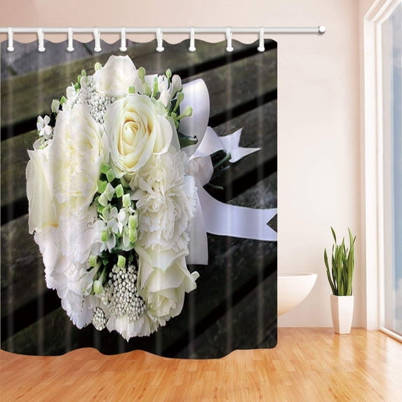 Libin Roses Decor White Roses for Love Valentine for White Polyester Fabric Bathroom Shower Curtain 66x72 inches