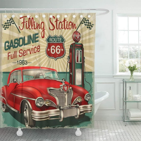 Libin Route Filling Station Retro Poster Vintage Car Gas Sign Classic Shower Curtain 60x72 inch