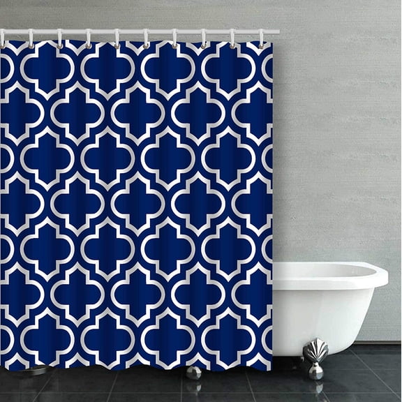 Libin Royal Blue And White Moroccan Quatrefoil Design Classic Stripes Brief Design Bathroom Shower Curtain 66x72 inches