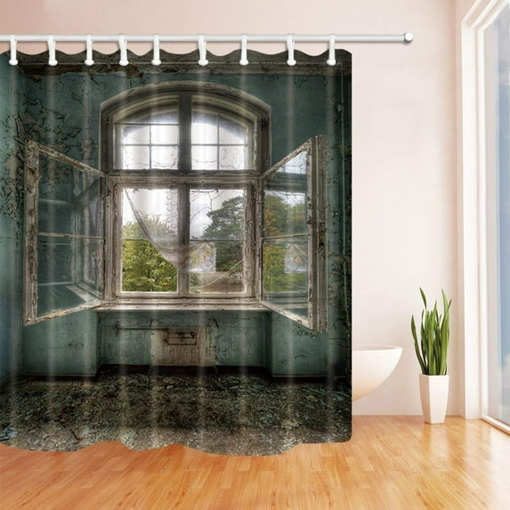 Libin Rustic Village House with Wooden Window Polyester Fabric Bath Curtain, Bathroom Shower Curtain 66x72 inches