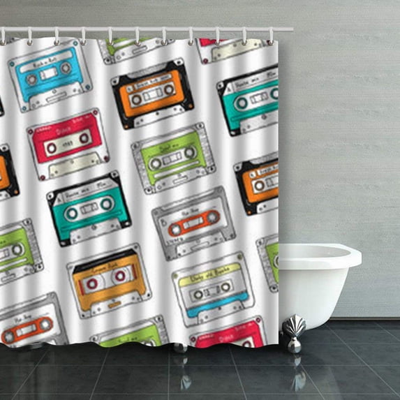 Libin Seamless Pattern Plastic Cassette Audio Tape Shower Curtains Bathroom Curtain 66x72 Inch