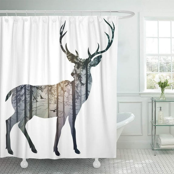 Libin Silhouette of Deer Inside It is Misty Coniferous Forest Sun Shower Curtain 66x72 inch