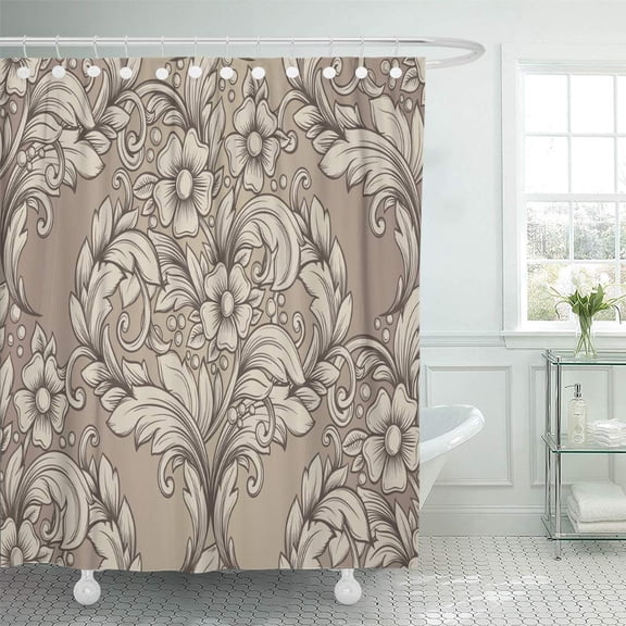 Libin Silver Elegant Beige Baroque Vintage Pattern Gray Curl Flower Shower Curtain 66x72 inch