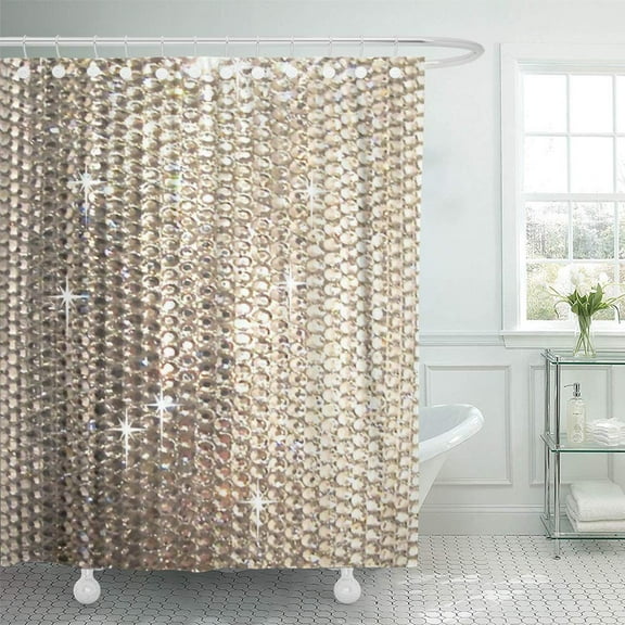 Libin Silver Sparkle Bling Neutral Tan Diamonds Gold Crystals Beads Shower Curtain 66x72 inch