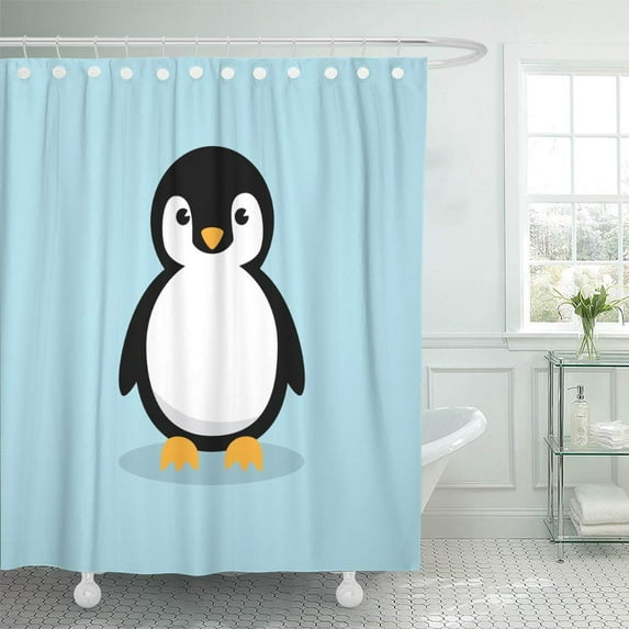 Libin Snowflake Cute Baby Penguin Standing on Sky Blue Flat Character Shower Curtain 66x72 inch