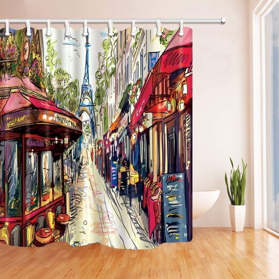 Libin Splashing Paris Decor Watercolors Paint of Eiffel Tower on Street Polyester Fabric Bath Curtain, Bathroom Shower Curtain 66x72 inches