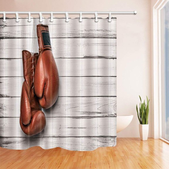 Libin Sporter Decor Boxing Leather Gloves Hang on Wooden Red Gray Polyester Fabric Bathroom Shower Curtain 66x72 inches