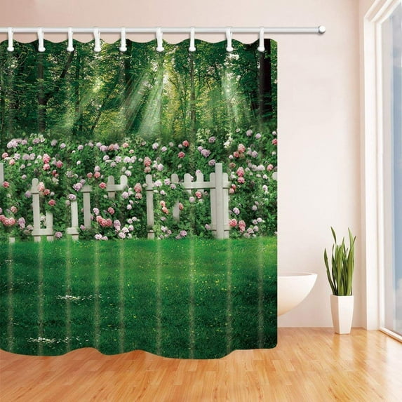 Libin Sunshine in Forest Decor Garden Yard with Flower on Wooden Fence Polyester Fabric Bath Curtain, Bathroom Shower Curtain 66x72 inches