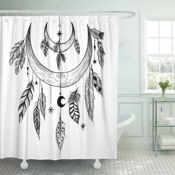 Libin Tattoo Detailed Mystical Illustration Feathers Beads Moons Stars and Shower Curtain 60x72 inch