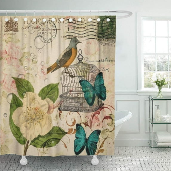 Libin Teal Camellia Shabby Elegance Bird French Botanical Modern Vintage Shower Curtain 66x72 inch