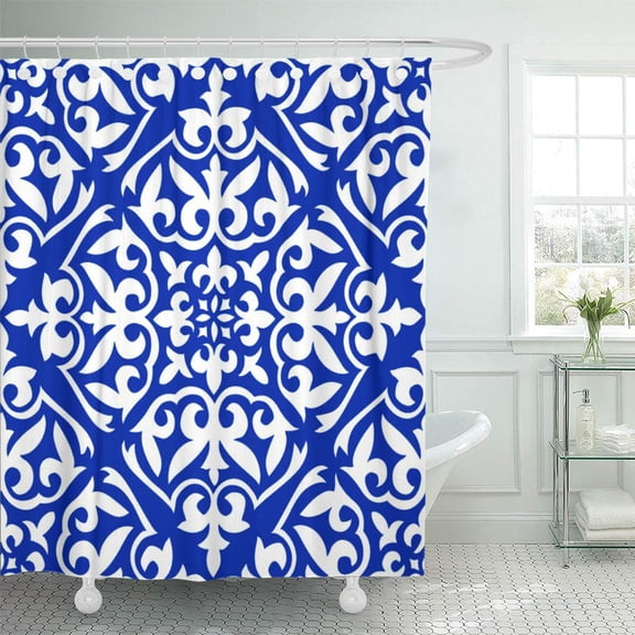 Libin Tiles Moroccan Cobalt Blue and Pattern Ceramic Shower Curtain 66x72 inch