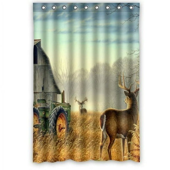 Libin Tractor and Deer Fabric Shower Curtain Polyester Fabric Bathroom Decorative Curtain Size 48x72 Inches