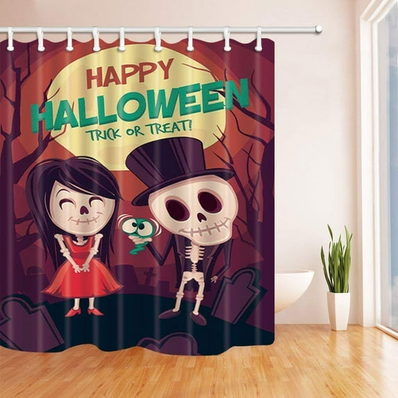 Libin Trick Or Treat Cute Skull Girl and Boy for Halloween Polyester Fabric Bath Curtain Bathroom Shower Curtain 66x72 inches