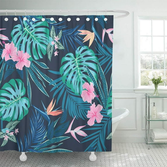 Libin Tropical Pattern Vivid Tropic Foliage Monstera Leaf Palm Leaves Bird Shower Curtain 60x72 inch