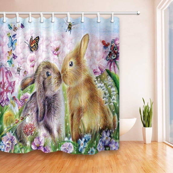 Libin Two Kissing Rabbit in the Flowers Polyester Fabric Bathroom Shower Curtain 66x72 inches