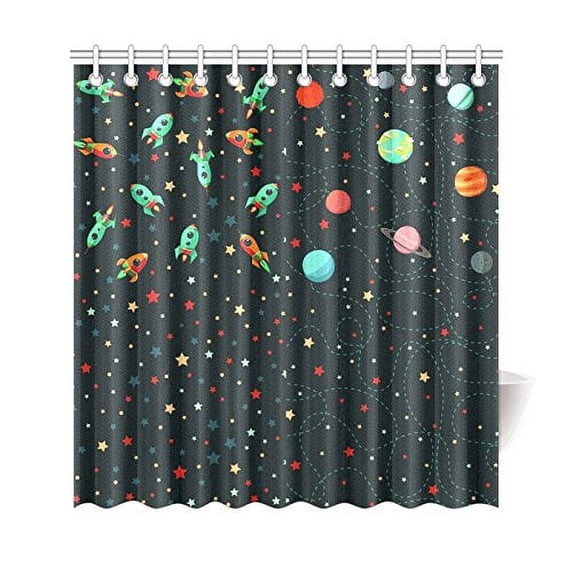 Libin Universe Galaxy Outer Space Shower Curtain, Planets Rockets and Stars Polyester Fabric Shower Curtain Bathroom Sets 66x72 Inches