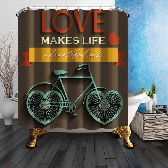 Libin Valentine's Day Heart Wheel Bike Love Makes Life A Beautiful Vide Polyester Fabric Bathroom Shower Curtain 66x72 inches